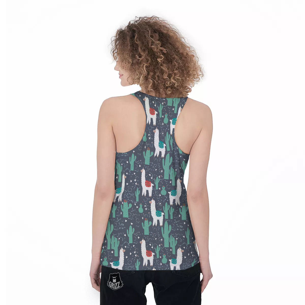 Cactus And Happy Llama Print Pattern Women's Racerback Tank Top-grizzshop