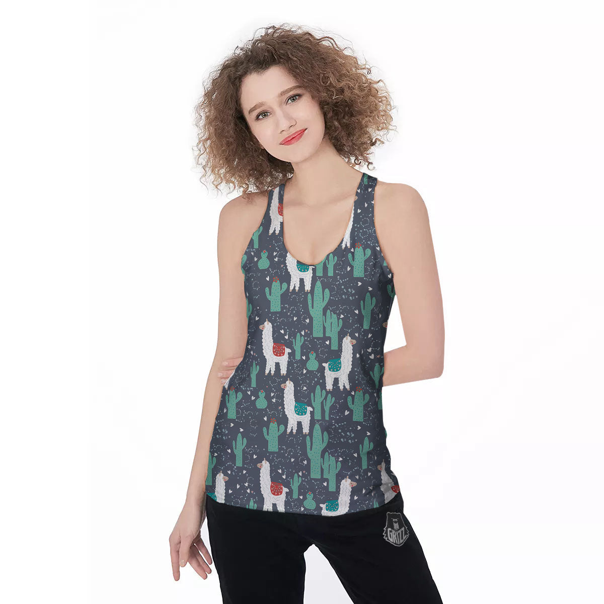 Cactus And Happy Llama Print Pattern Women's Racerback Tank Top-grizzshop