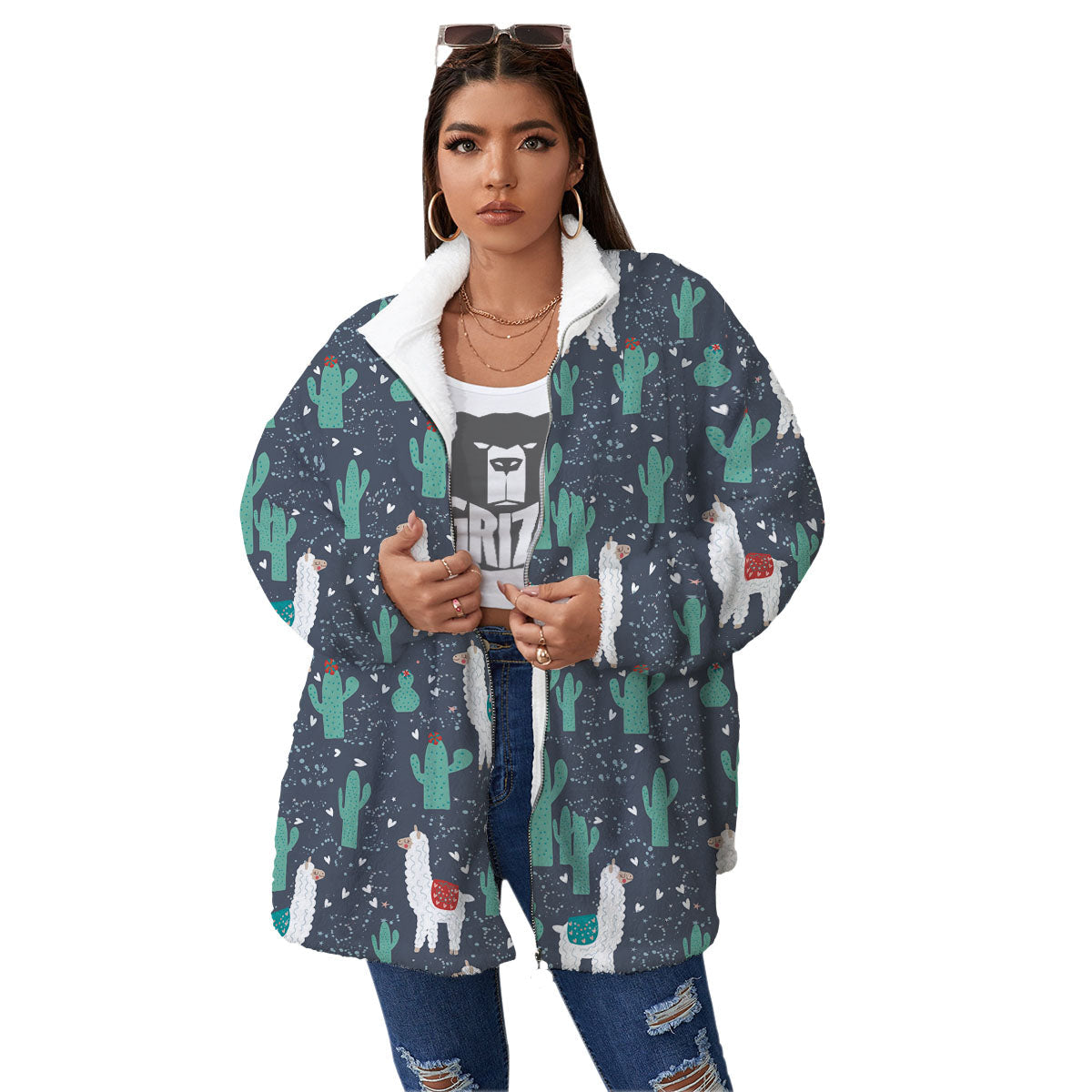 Cactus And Happy Llama Print Pattern Women's Sherpa Jacket-grizzshop