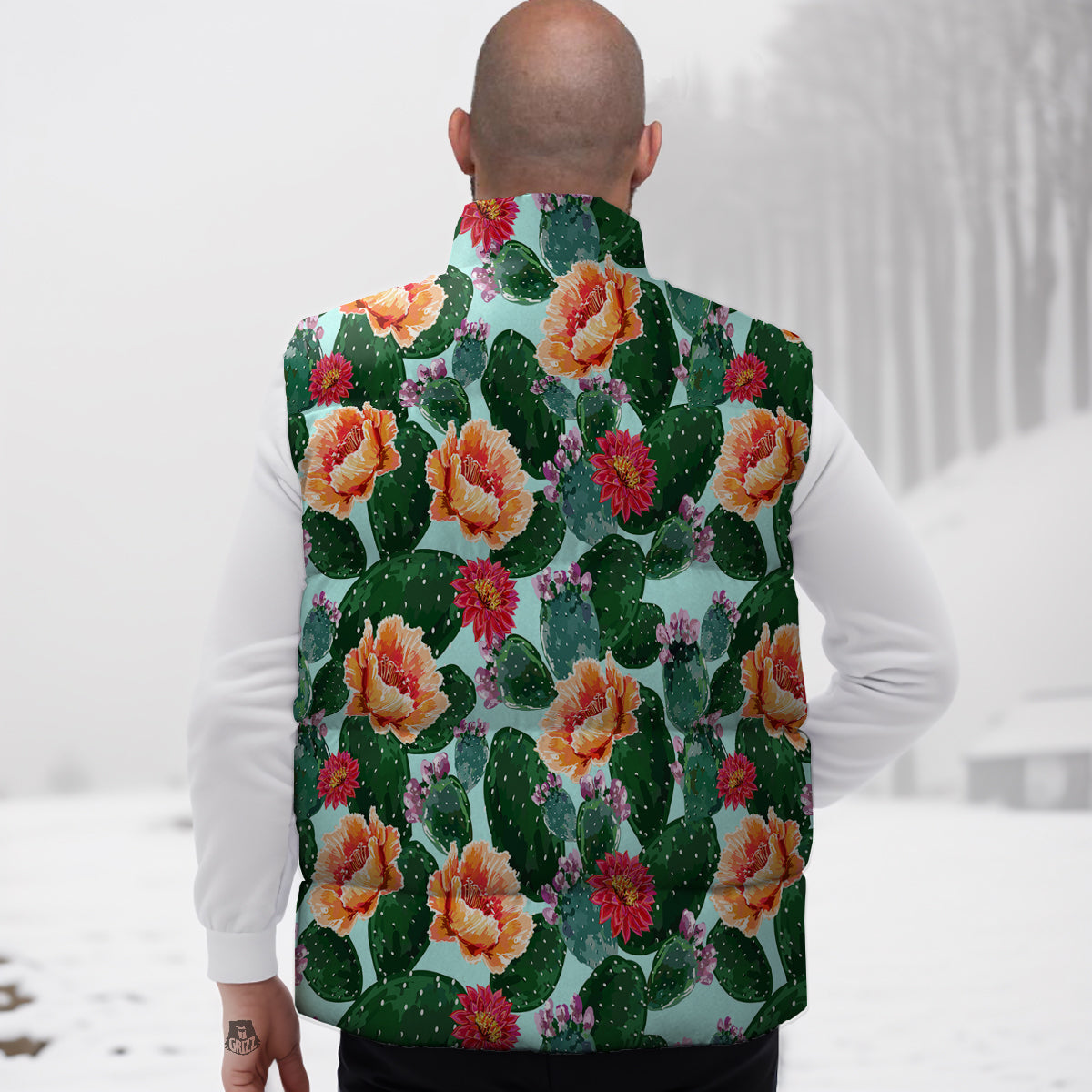 Cactus Blooming Watercolor Print Pattern Down Vest