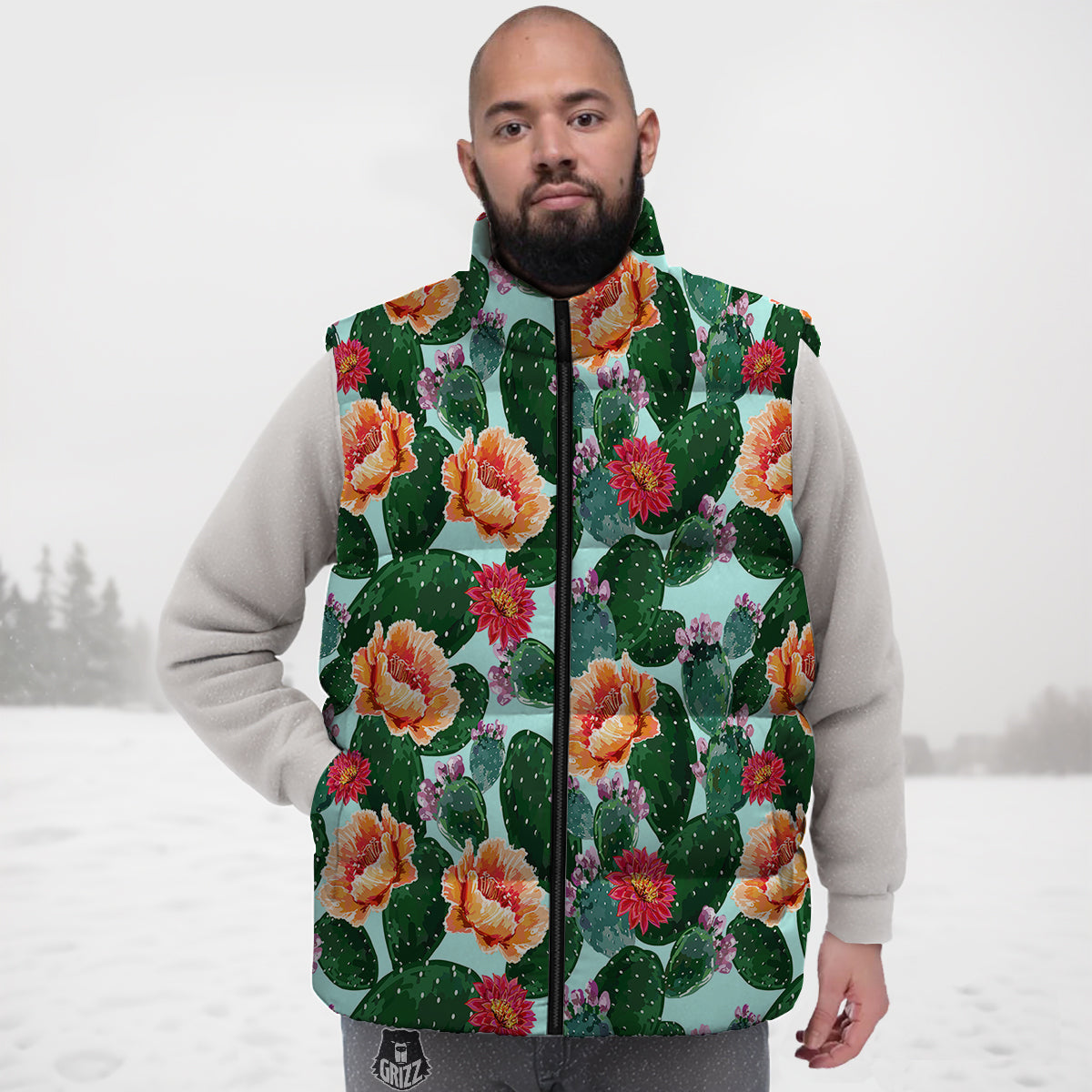 Cactus Blooming Watercolor Print Pattern Down Vest