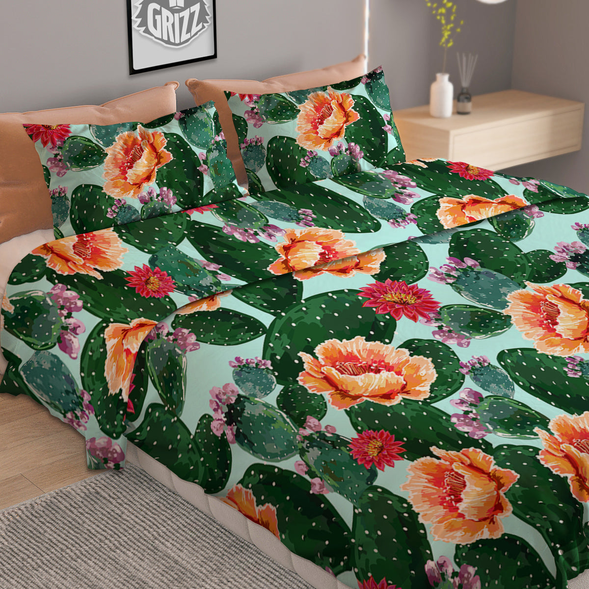 Cactus Blooming Watercolor Print Pattern Duvet Cover Bedding Set