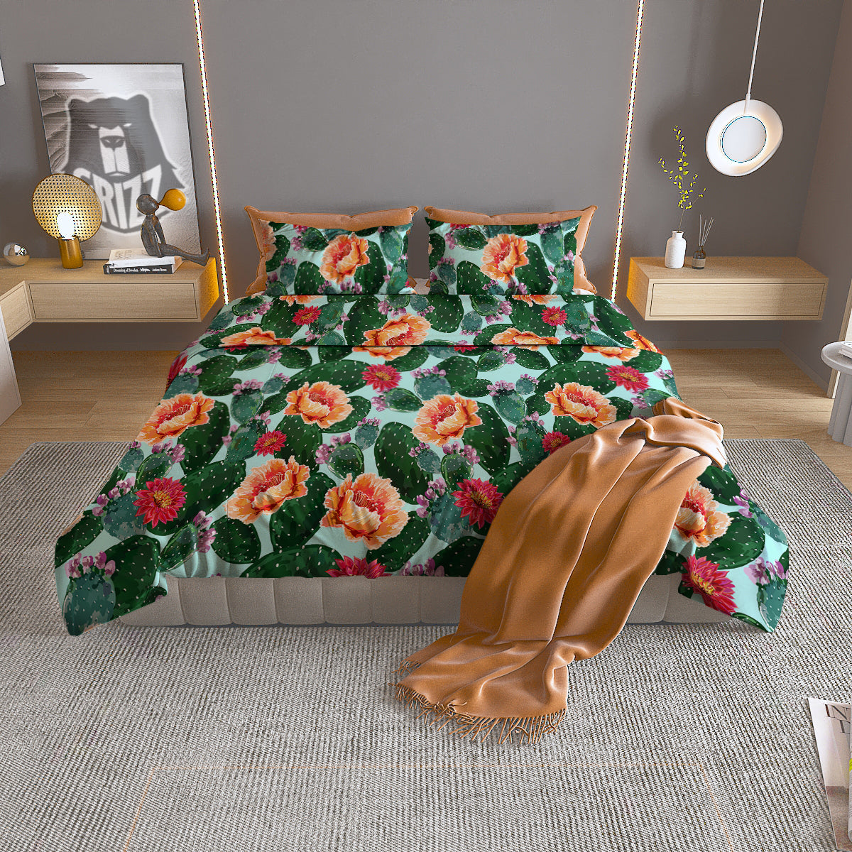 Cactus Blooming Watercolor Print Pattern Duvet Cover Bedding Set