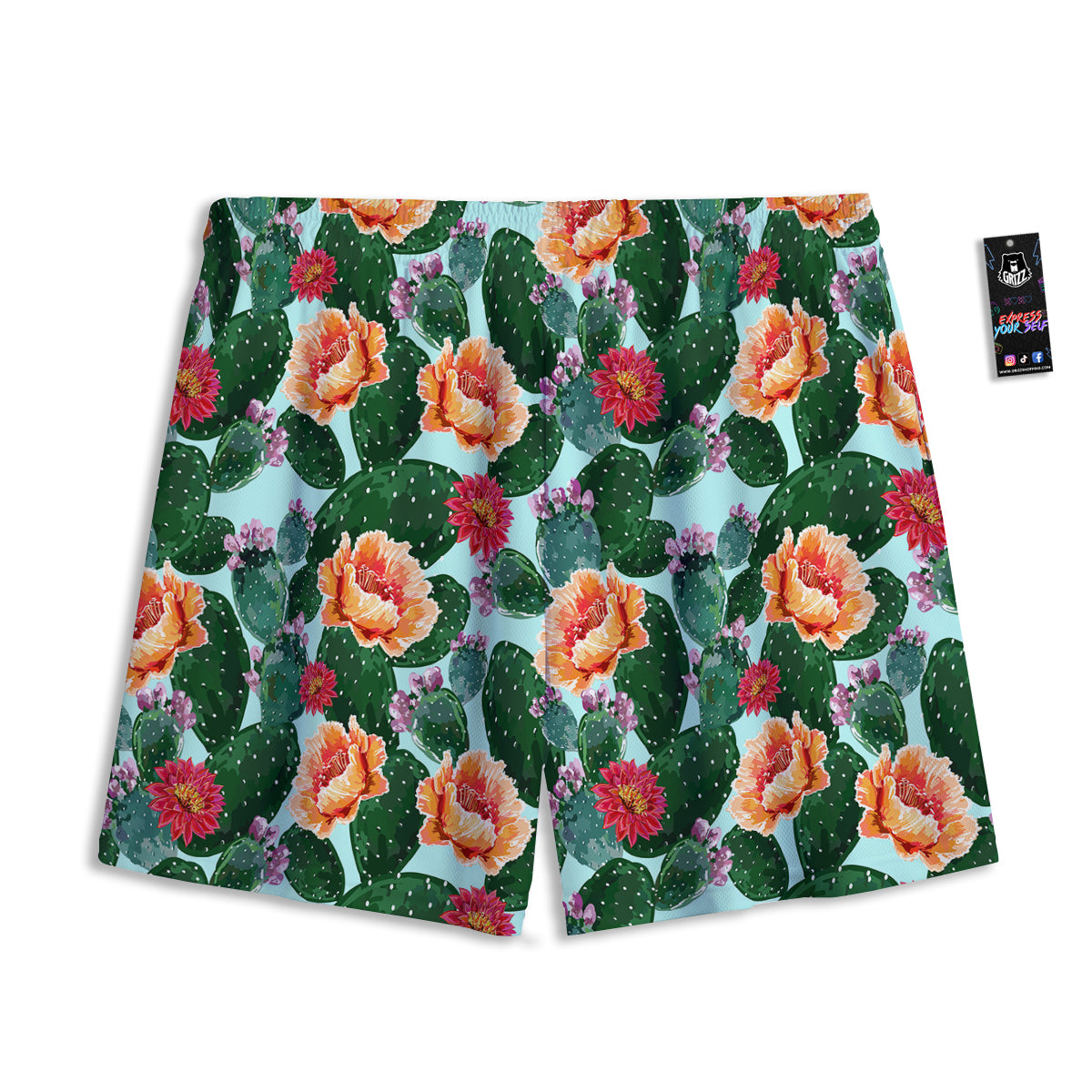 Cactus Blooming Watercolor Print Pattern Mesh Shorts