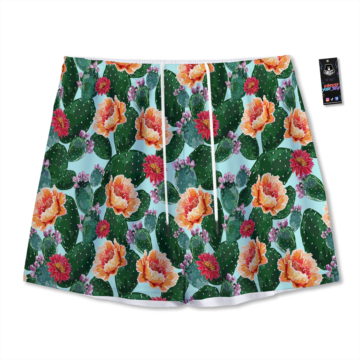Cactus Blooming Watercolor Print Pattern Mesh Shorts