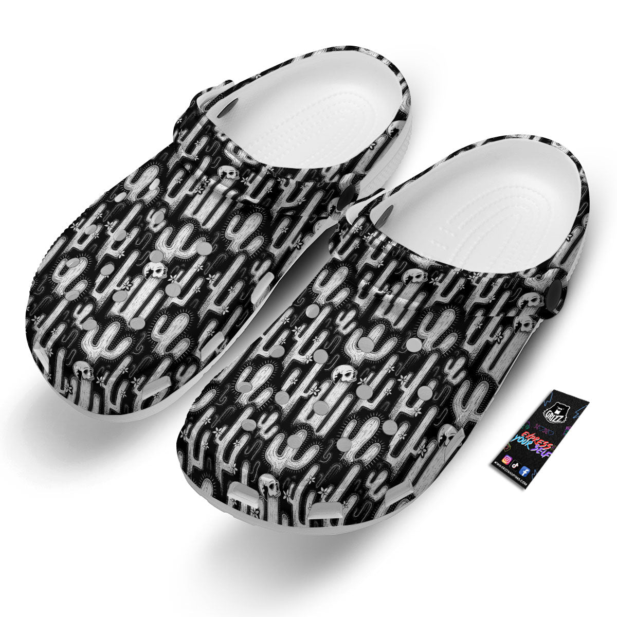 Cactus White And Black Print Pattern Clog-grizzshop