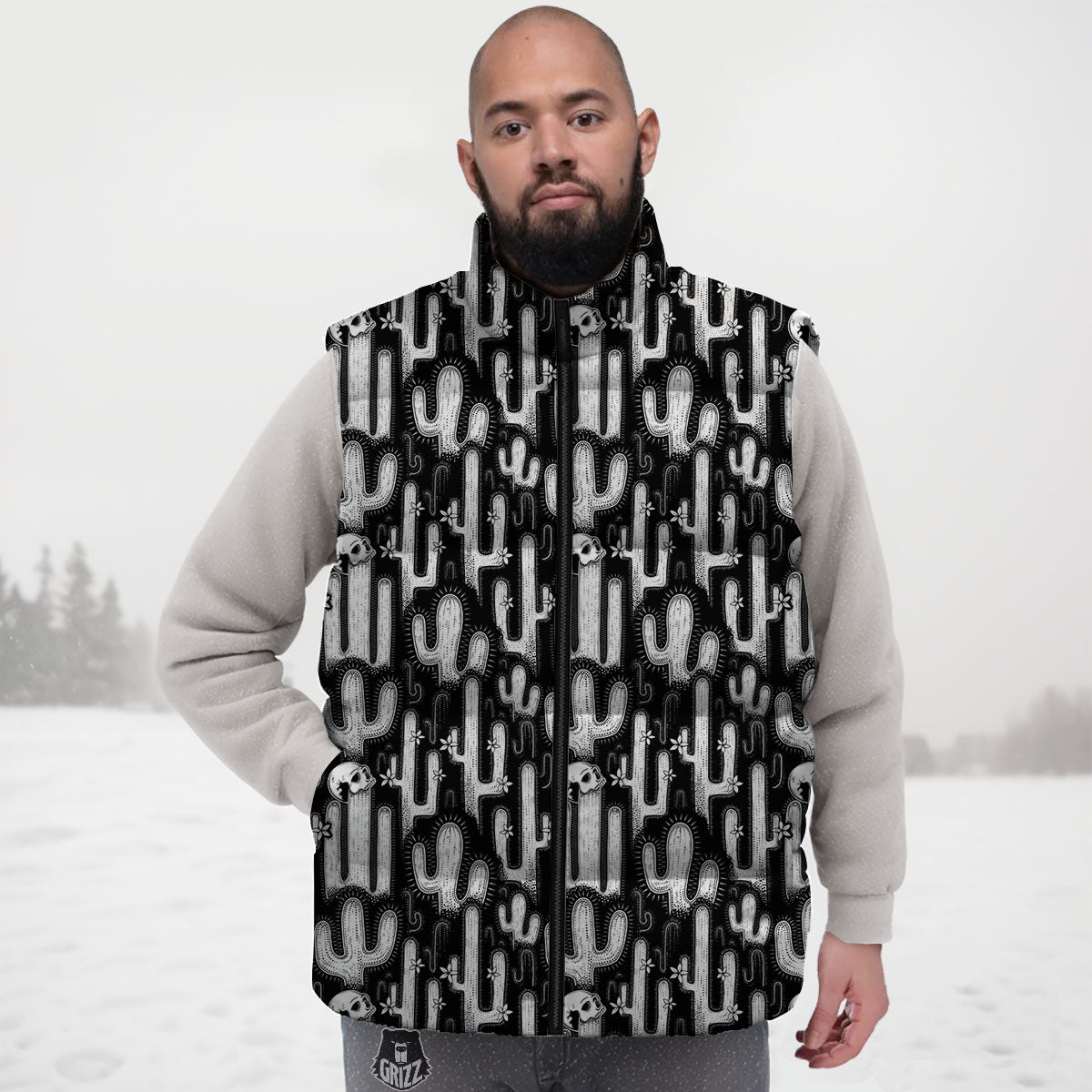Cactus White And Black Print Pattern Down Vest