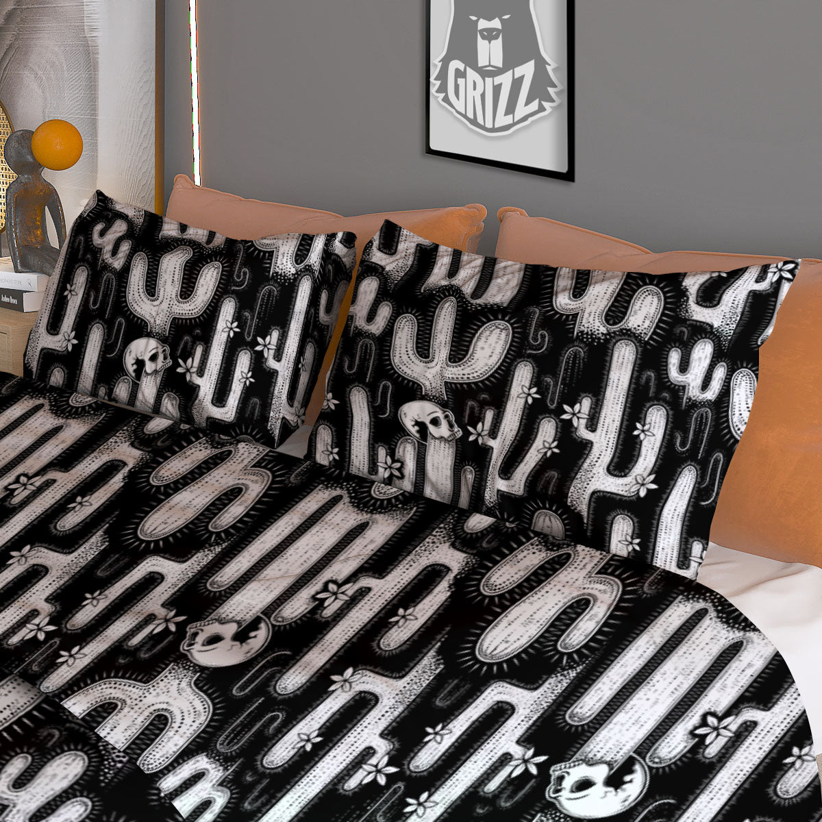 Cactus White And Black Print Pattern Duvet Cover Bedding Set