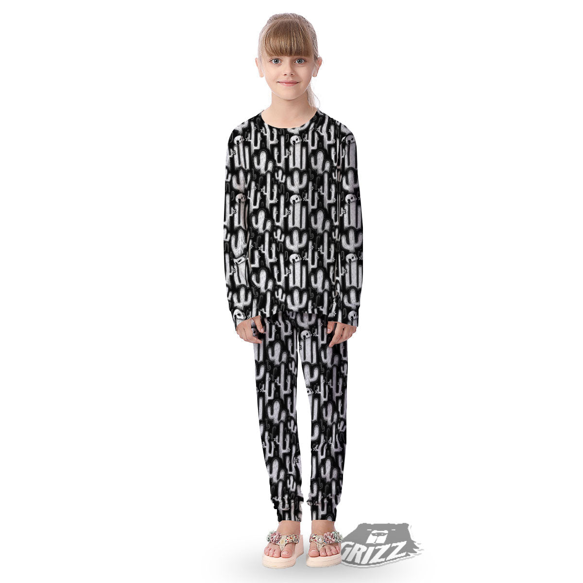 Cactus White And Black Print Pattern Kid's Pajamas-grizzshop