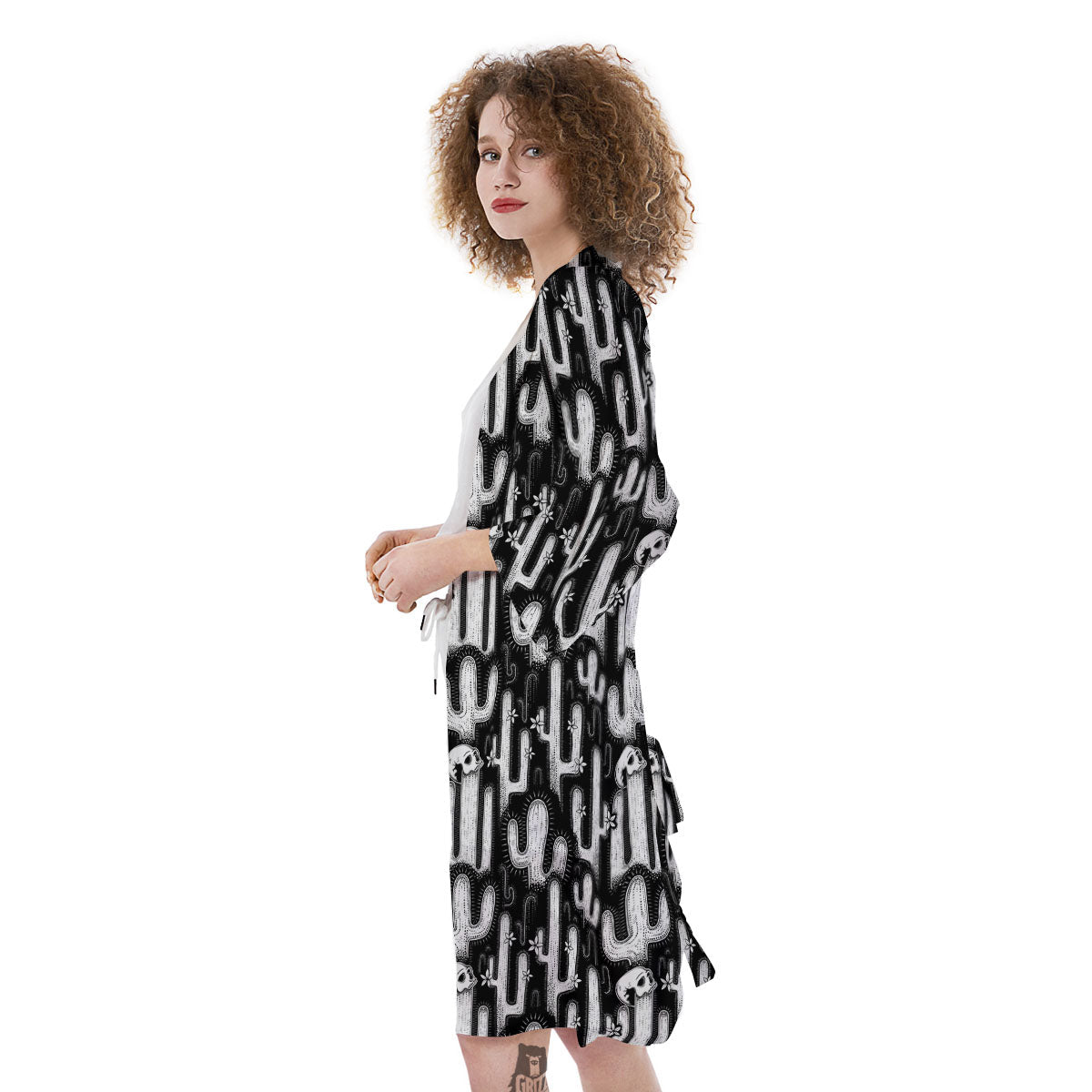 Cactus White And Black Print Pattern Kimono-grizzshop