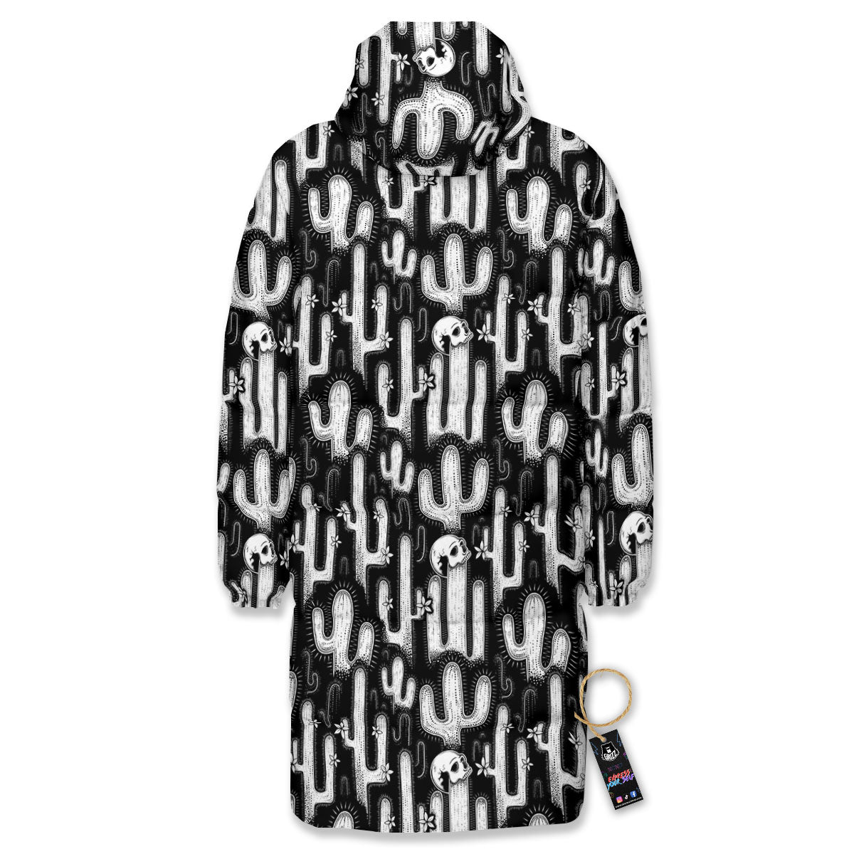 Cactus White And Black Print Pattern Long Down Jacket-grizzshop