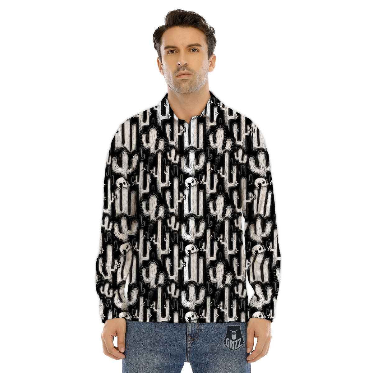 Cactus White And Black Print Pattern Men's Dress Shirts-grizzshop