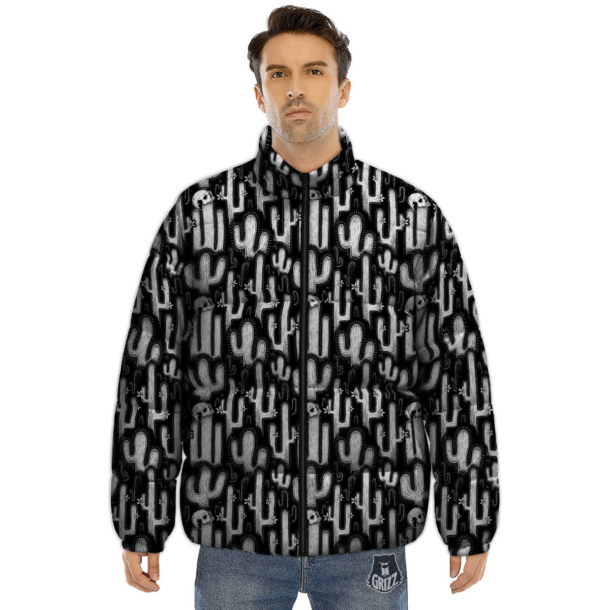 Cactus White And Black Print Pattern Puffer Jacket-grizzshop