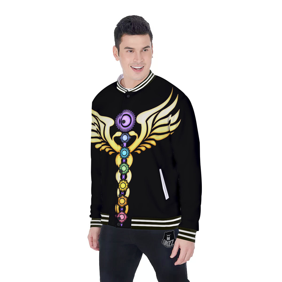 Caduceus 7 Chakras Print Baseball Jacket-grizzshop