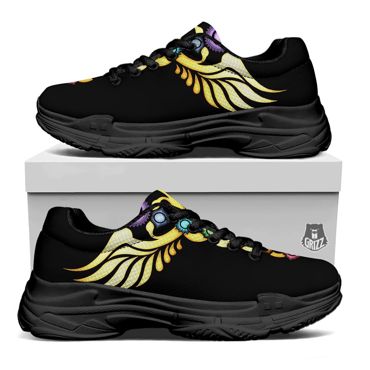 Caduceus 7 Chakras Print Black Chunky Shoes-grizzshop