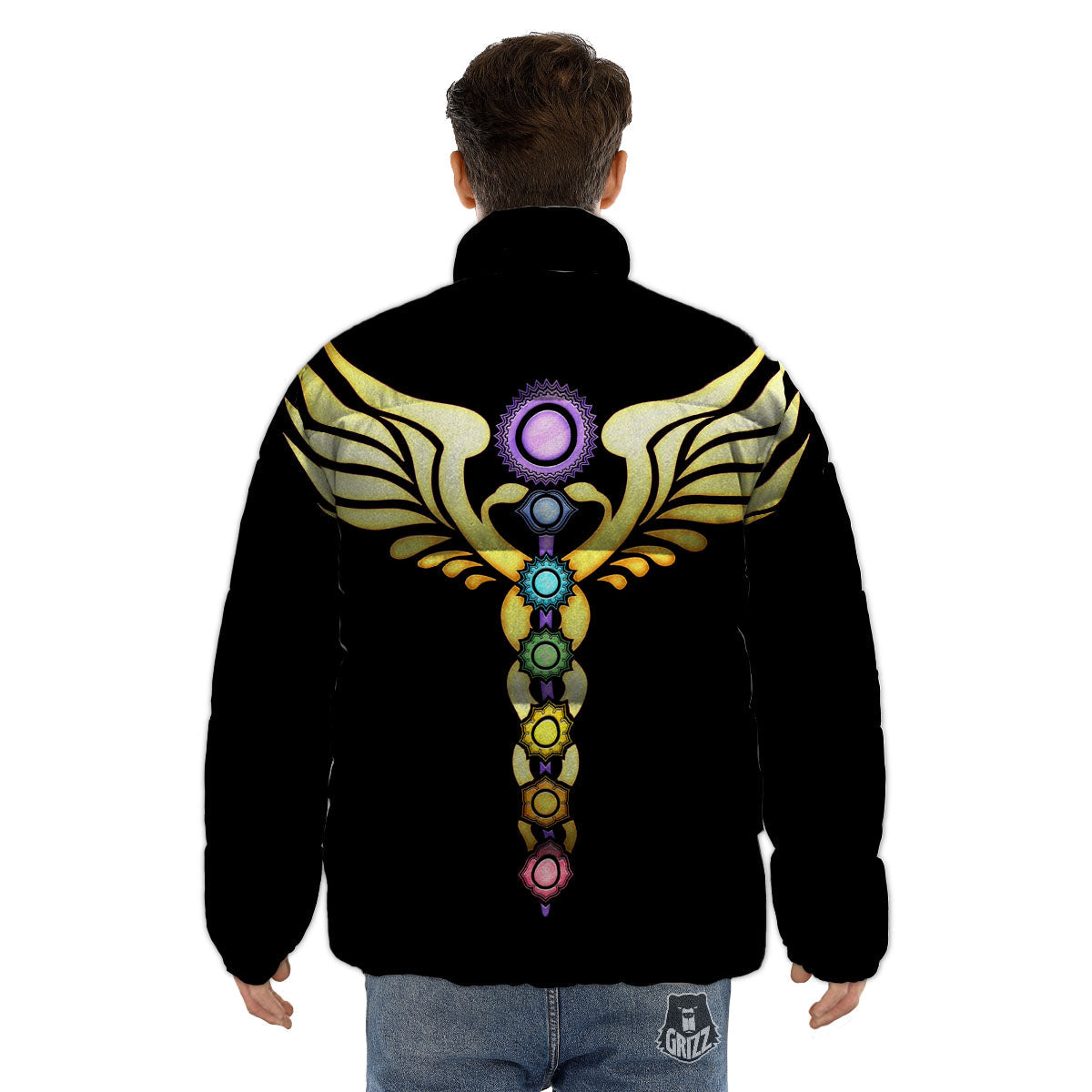 Caduceus 7 Chakras Print Puffer Jacket-grizzshop