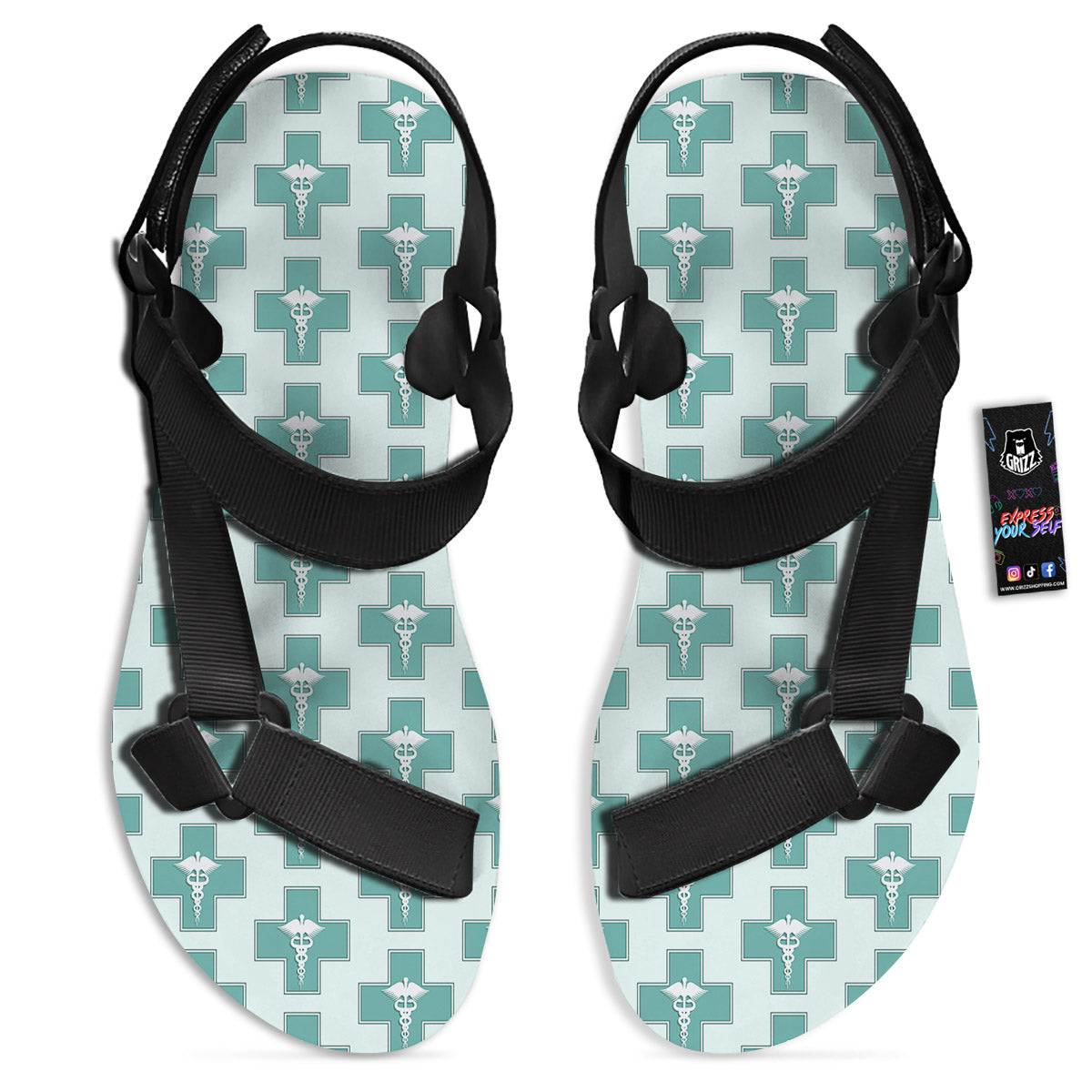 Caduceus Print Pattern Black Open Toe Sandals-grizzshop