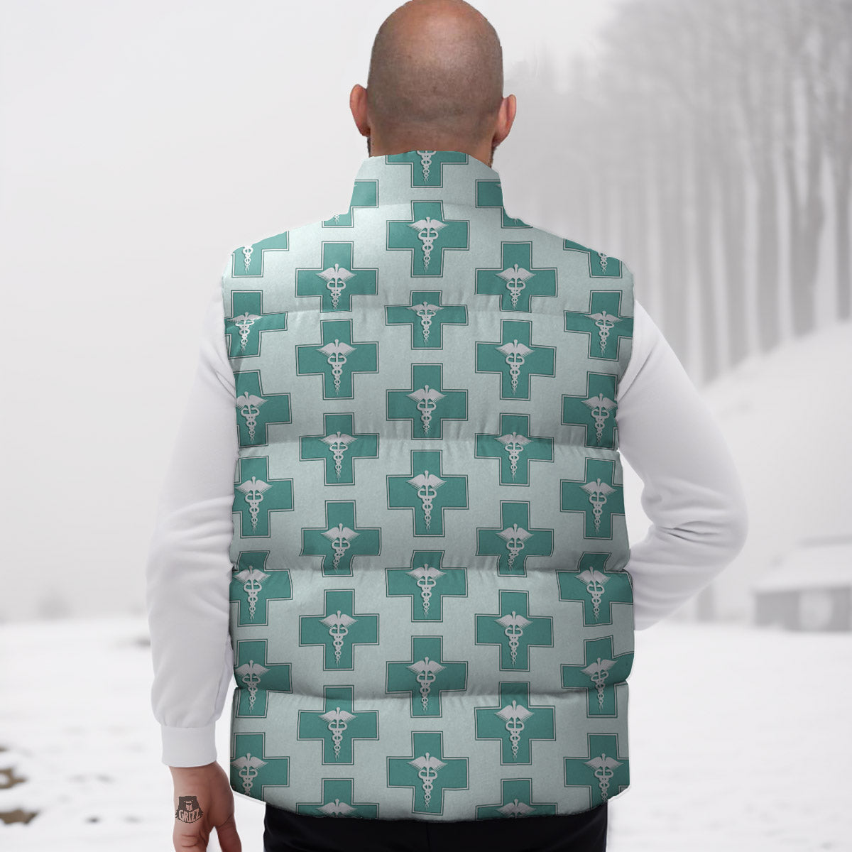 Caduceus Print Pattern Down Vest-grizzshop