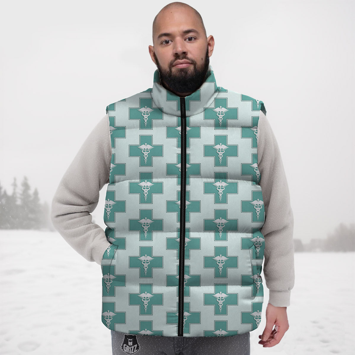Caduceus Print Pattern Down Vest-grizzshop