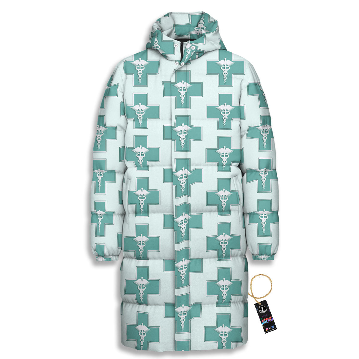 Caduceus Print Pattern Long Down Jacket-grizzshop