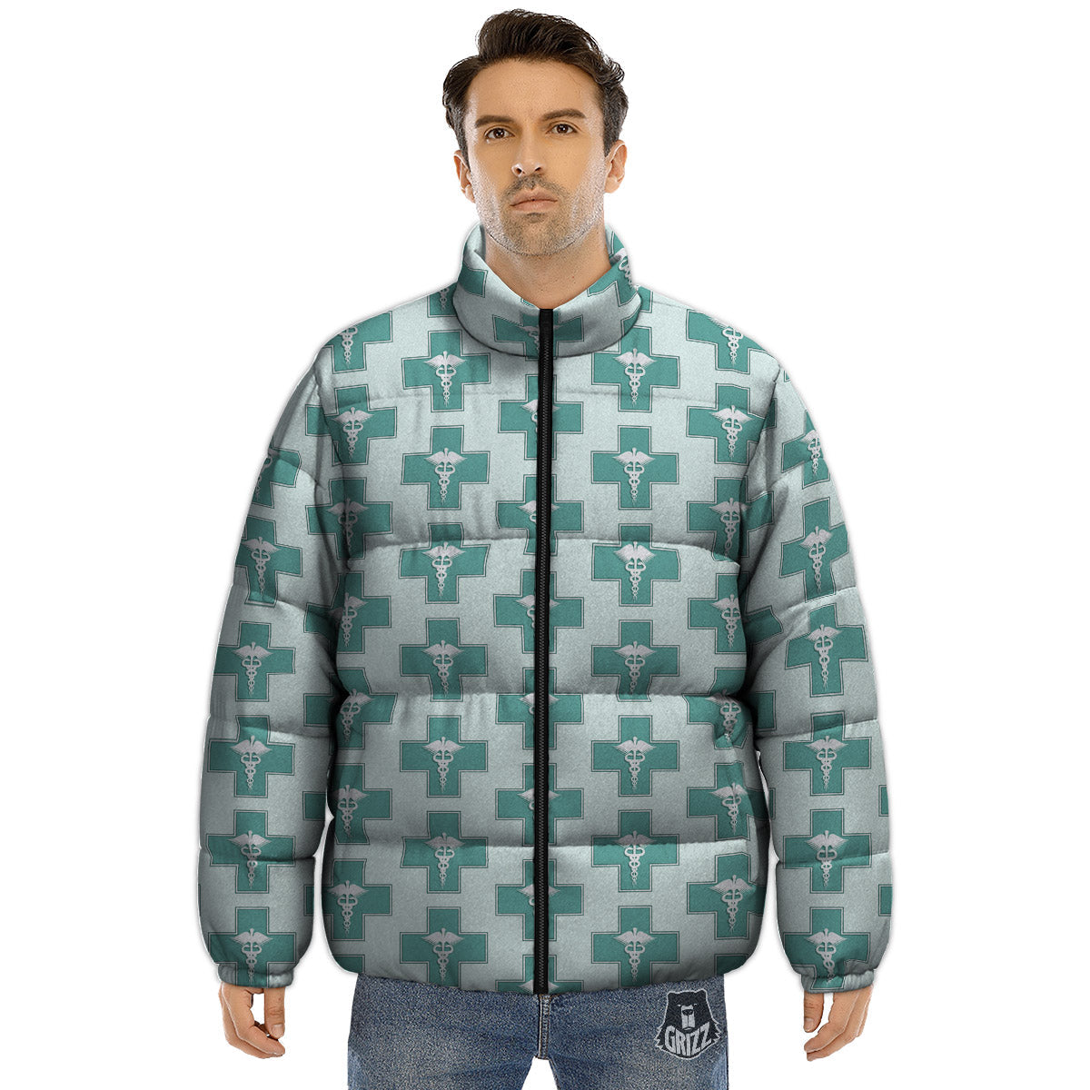 Caduceus Print Pattern Puffer Jacket-grizzshop
