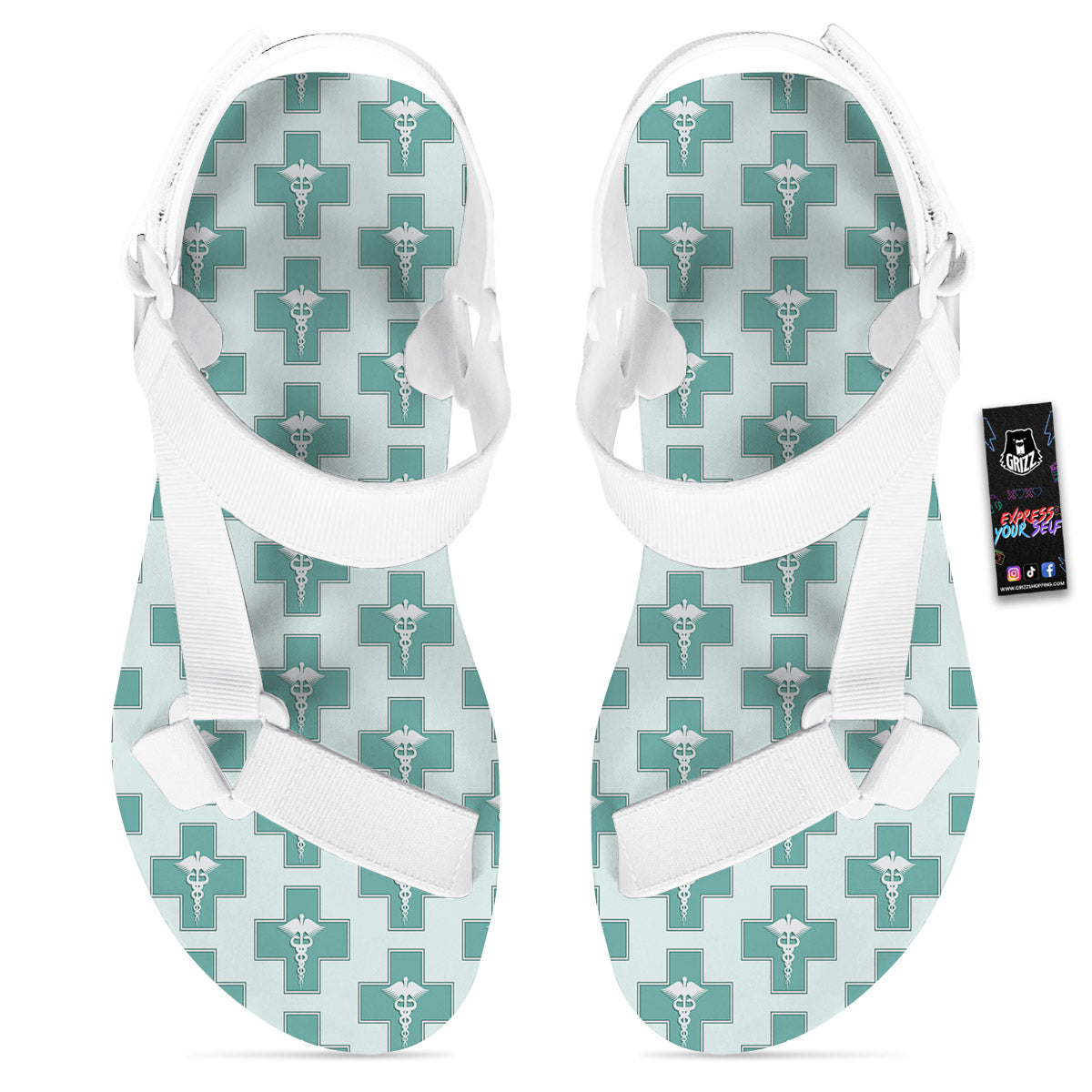 Caduceus Print Pattern White Open Toe Sandals-grizzshop