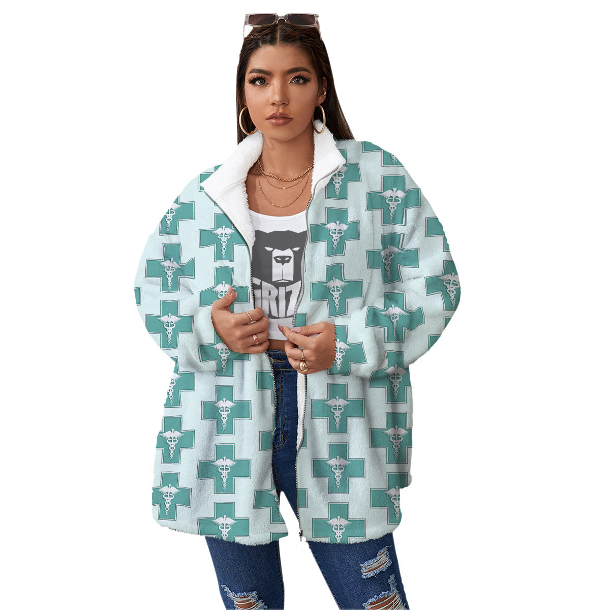 Caduceus Print Pattern Women's Sherpa Jacket-grizzshop