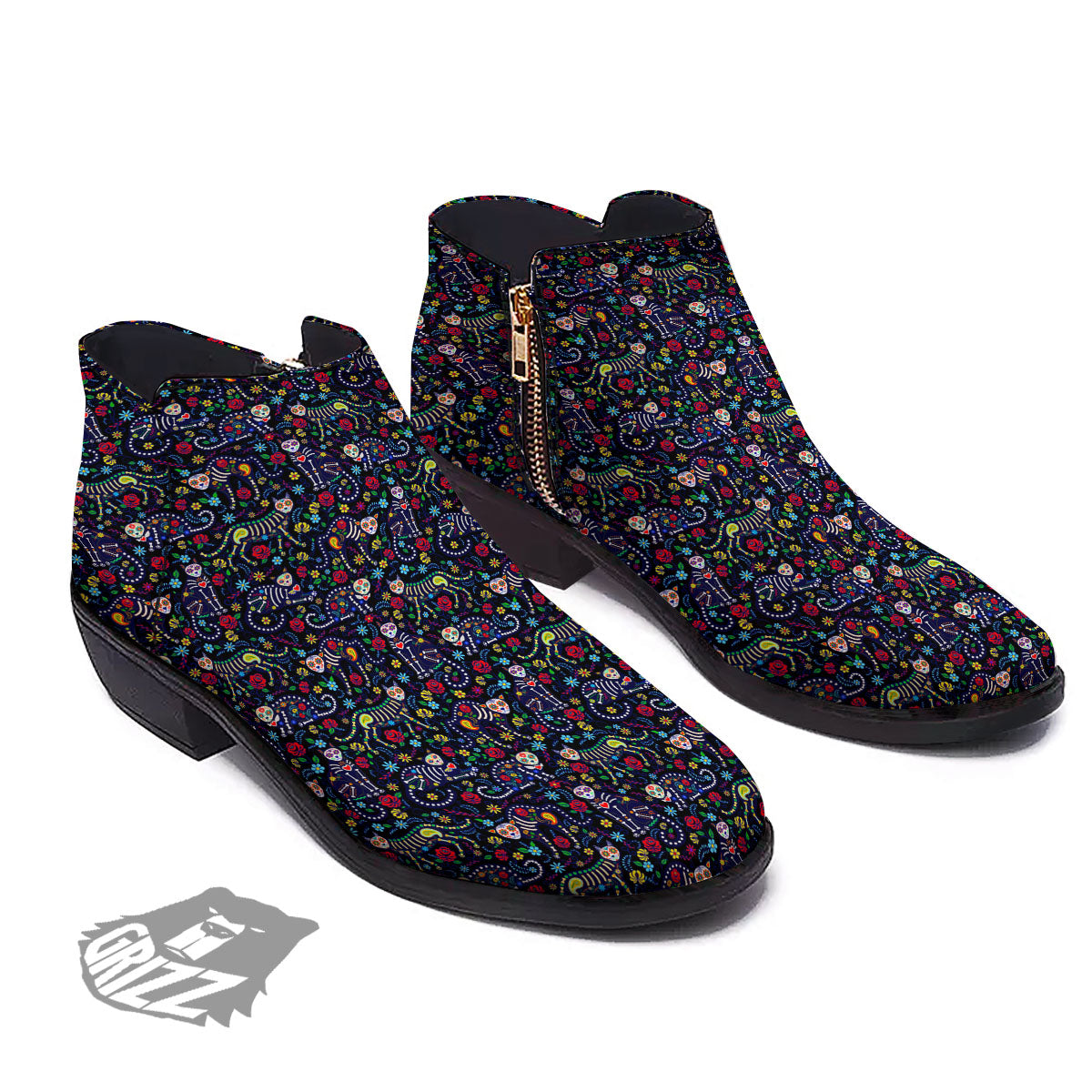 Calavera Cat Day Of The Dead Print Pattern Ankle Boots-grizzshop