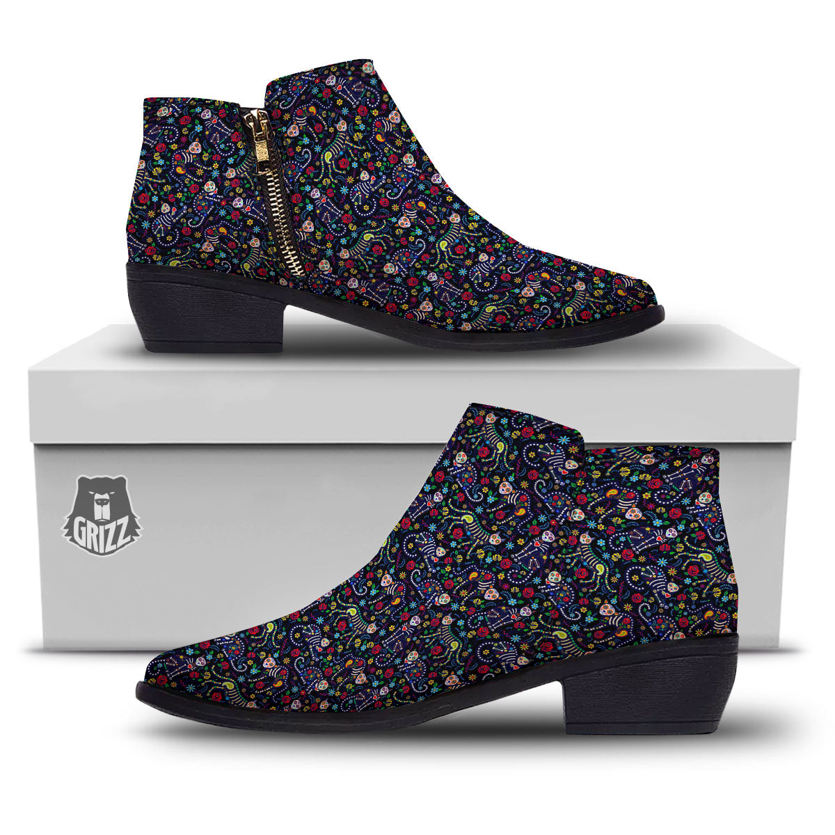 Calavera Cat Day Of The Dead Print Pattern Ankle Boots-grizzshop