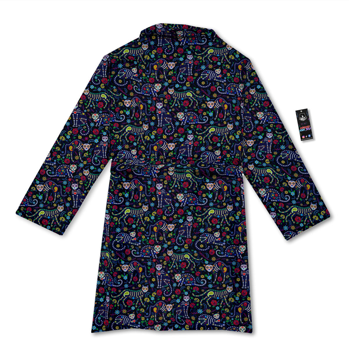 Calavera Cat Day Of The Dead Print Pattern Bathrobe-grizzshop