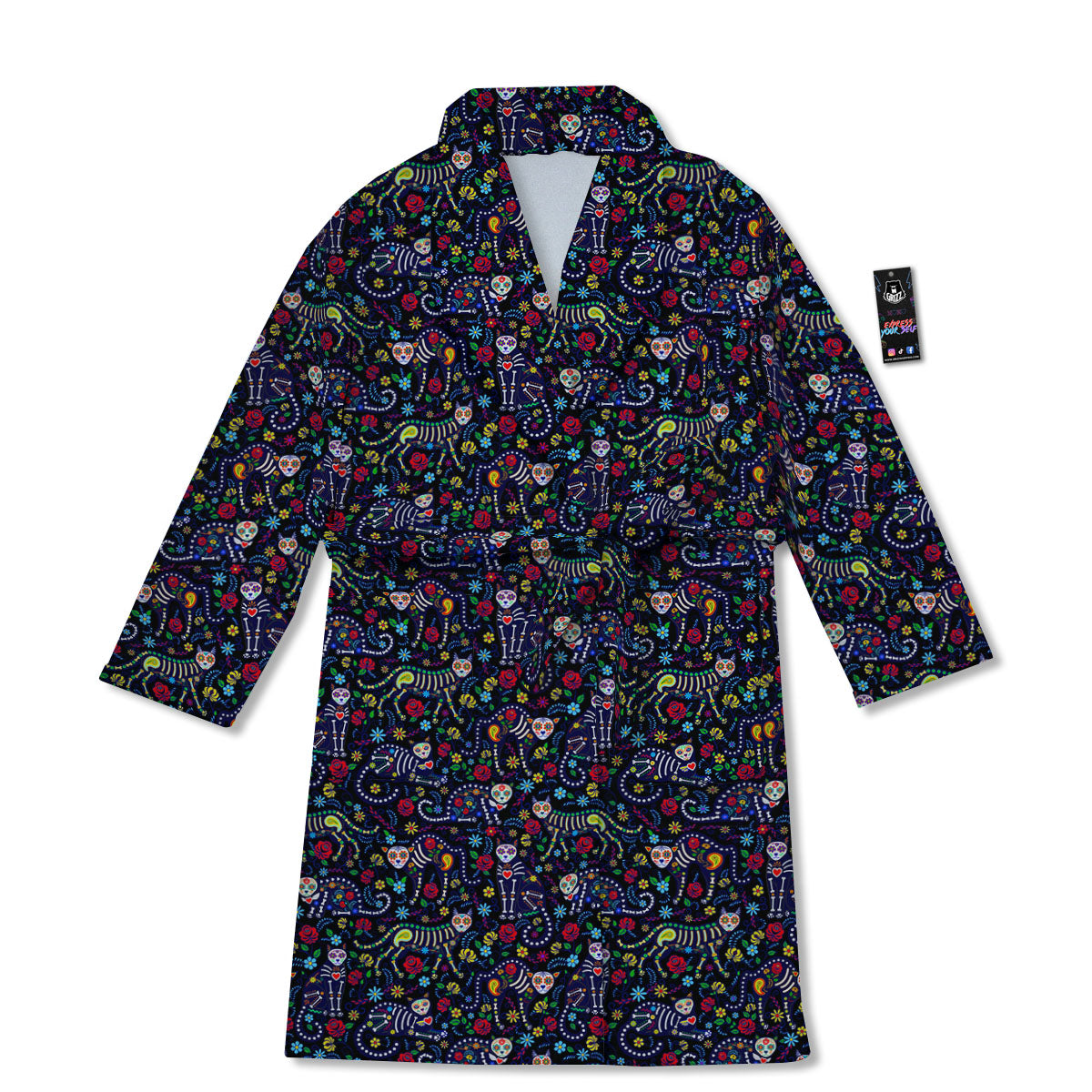 Calavera Cat Day Of The Dead Print Pattern Bathrobe-grizzshop