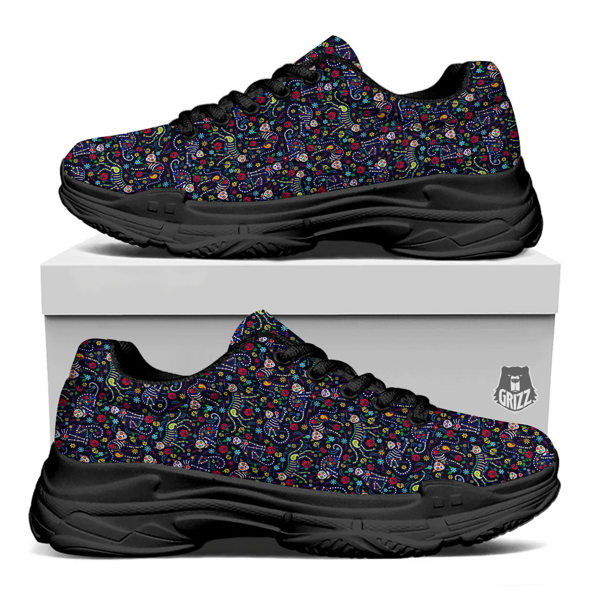 Calavera Cat Day Of The Dead Print Pattern Black Chunky Shoes-grizzshop
