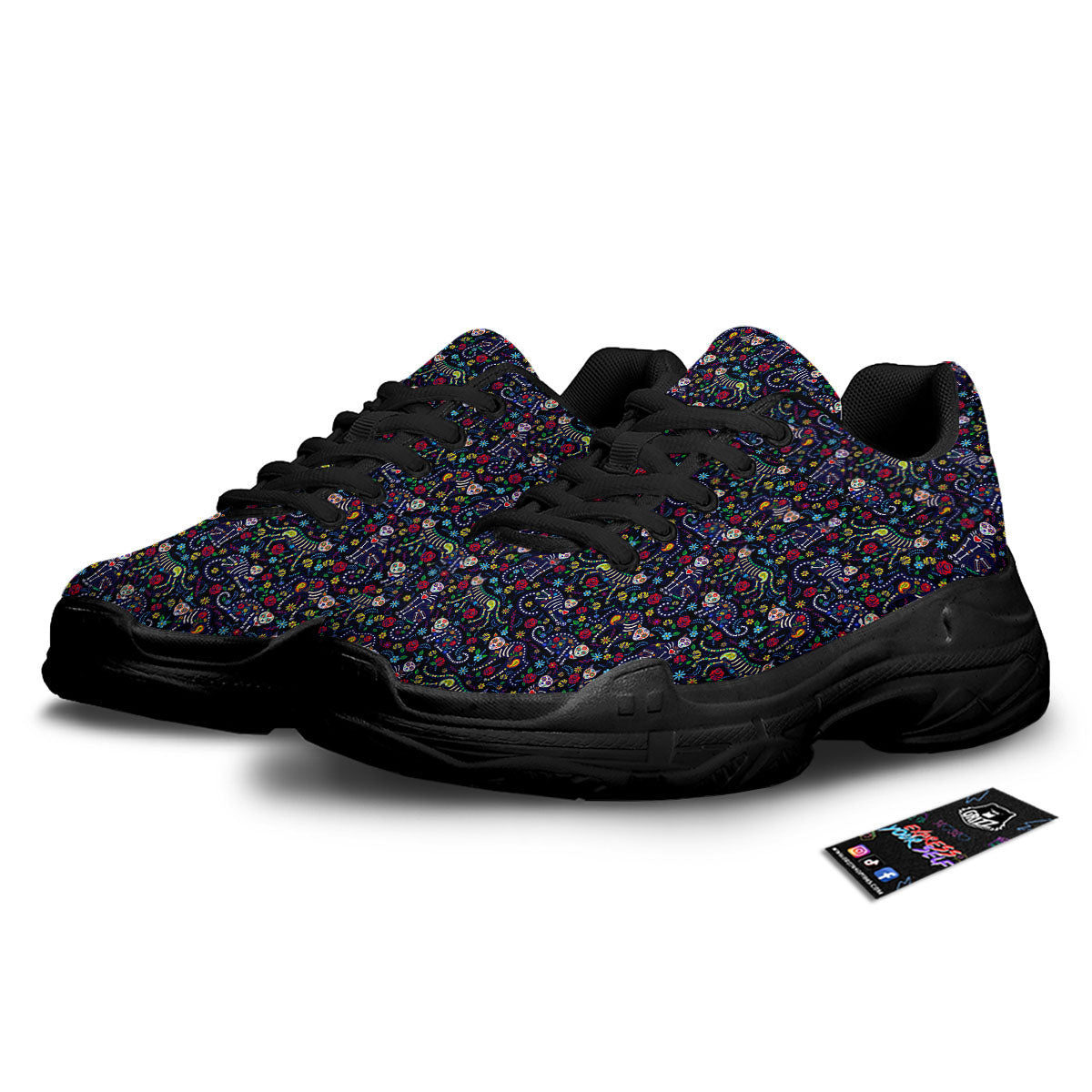 Calavera Cat Day Of The Dead Print Pattern Black Chunky Shoes-grizzshop