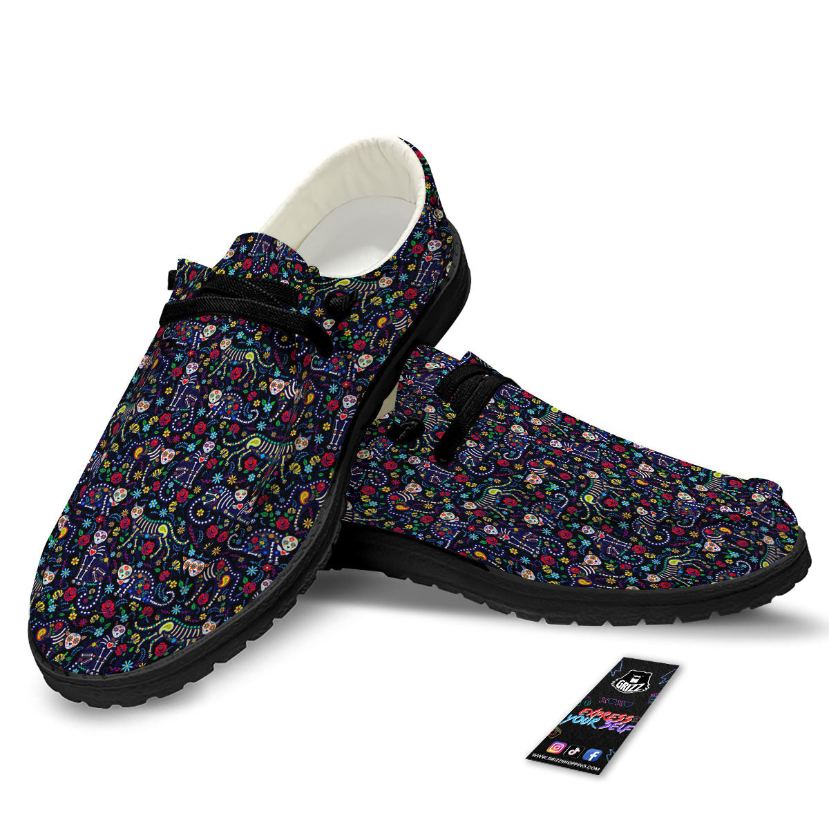 Calavera Cat Day Of The Dead Print Pattern Black Loafers-grizzshop