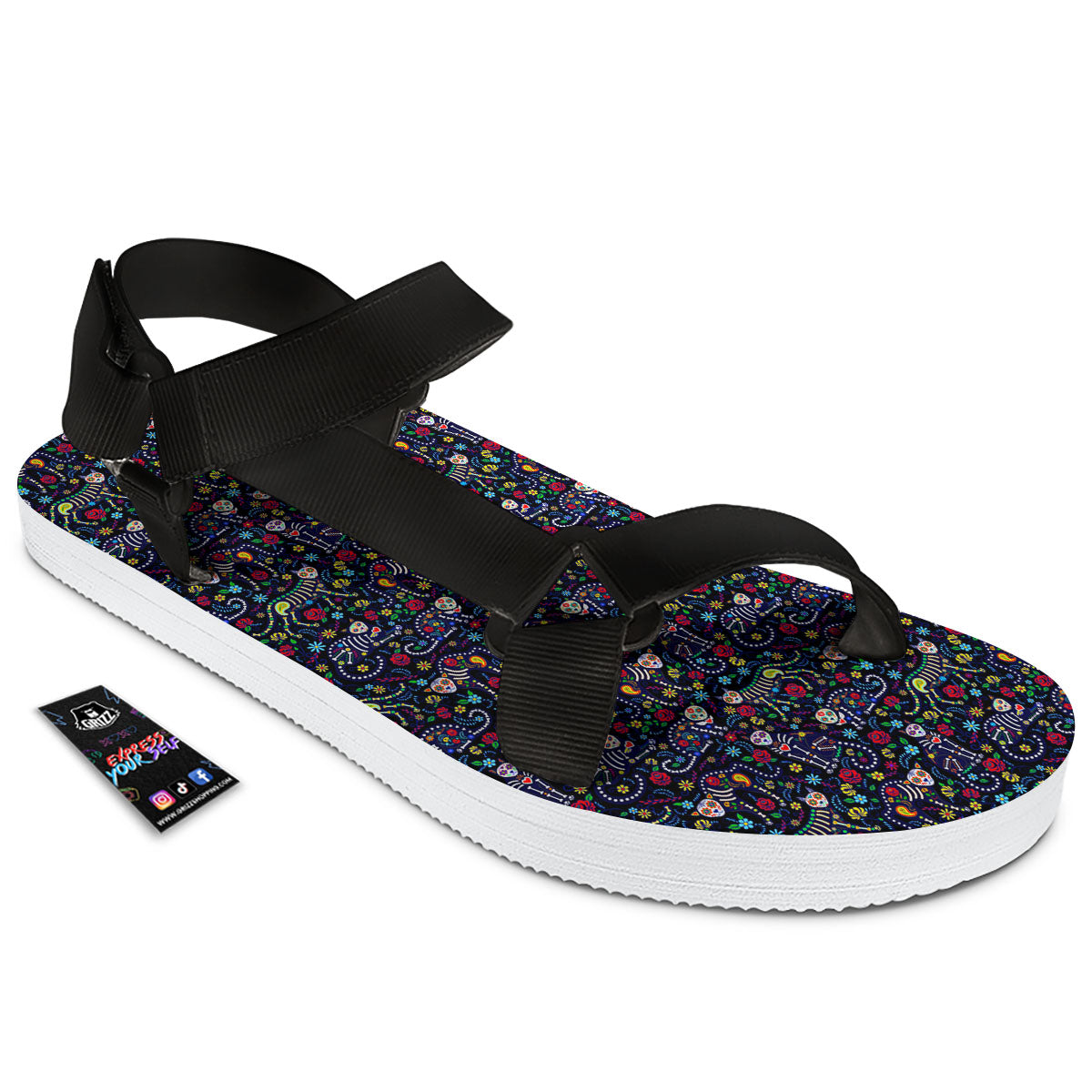 Calavera Cat Day Of The Dead Print Pattern Black Open Toe Sandals-grizzshop
