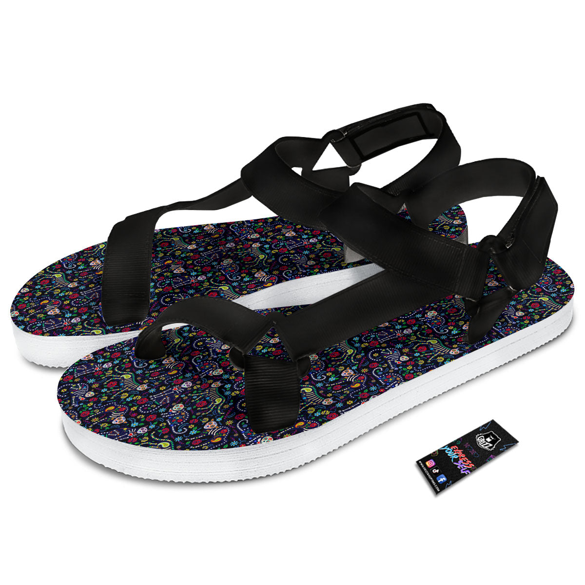 Calavera Cat Day Of The Dead Print Pattern Black Open Toe Sandals-grizzshop
