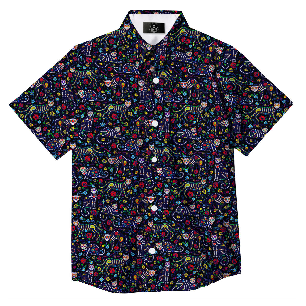 Calavera Cat Day Of The Dead Print Pattern Button Up Shirt-grizzshop