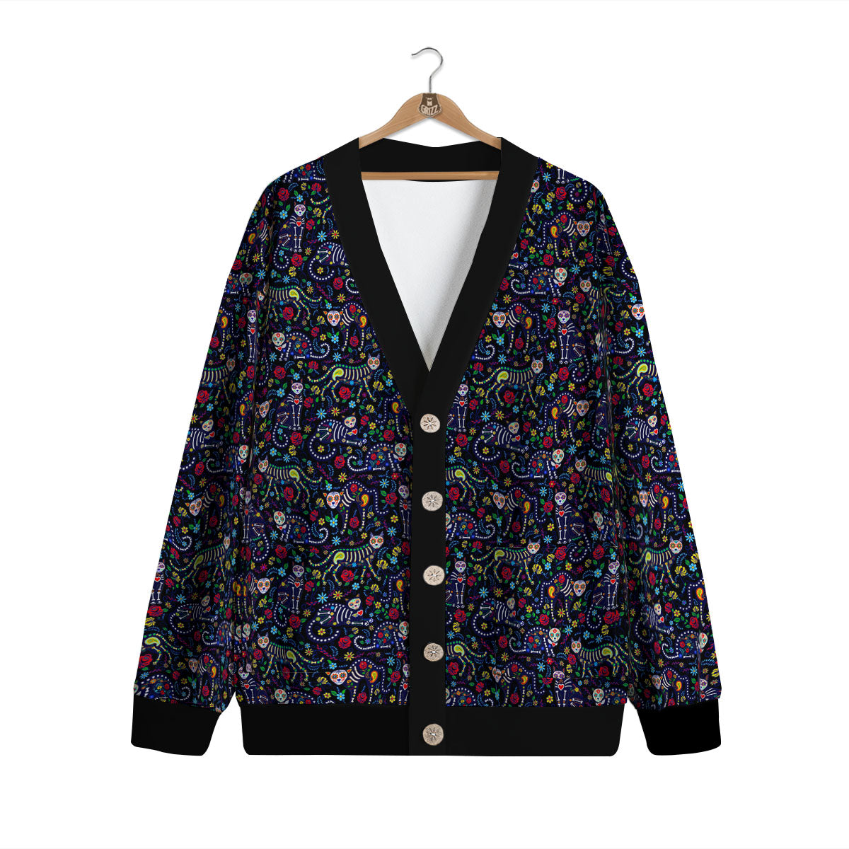 Calavera Cat Day Of The Dead Print Pattern Cardigan-grizzshop