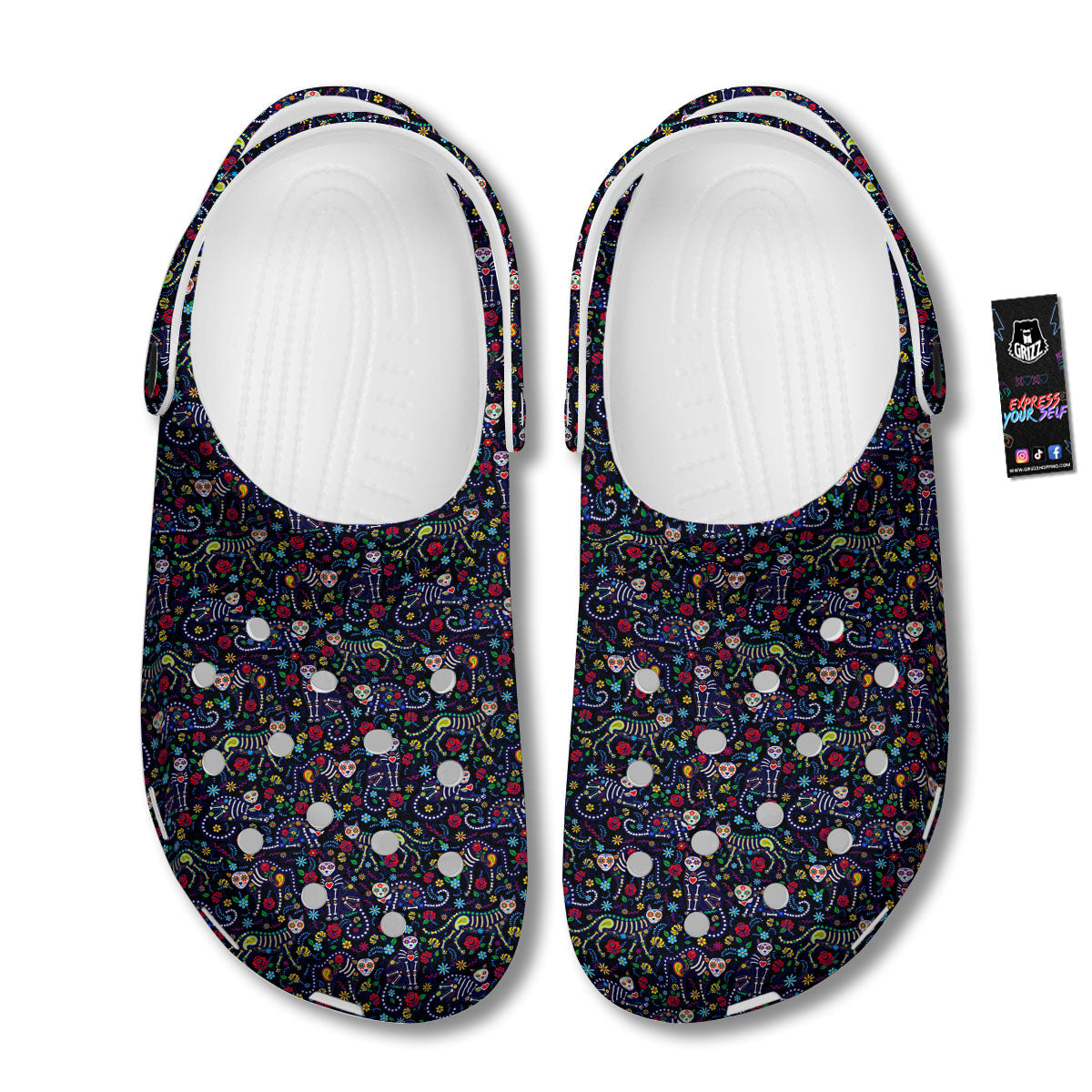 Calavera Cat Day Of The Dead Print Pattern Clog-grizzshop
