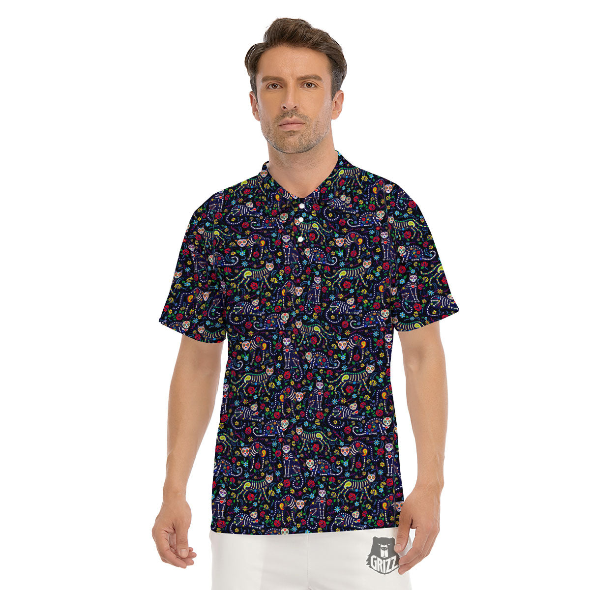 Calavera Cat Day Of The Dead Print Pattern Men's Golf Shirts-grizzshop