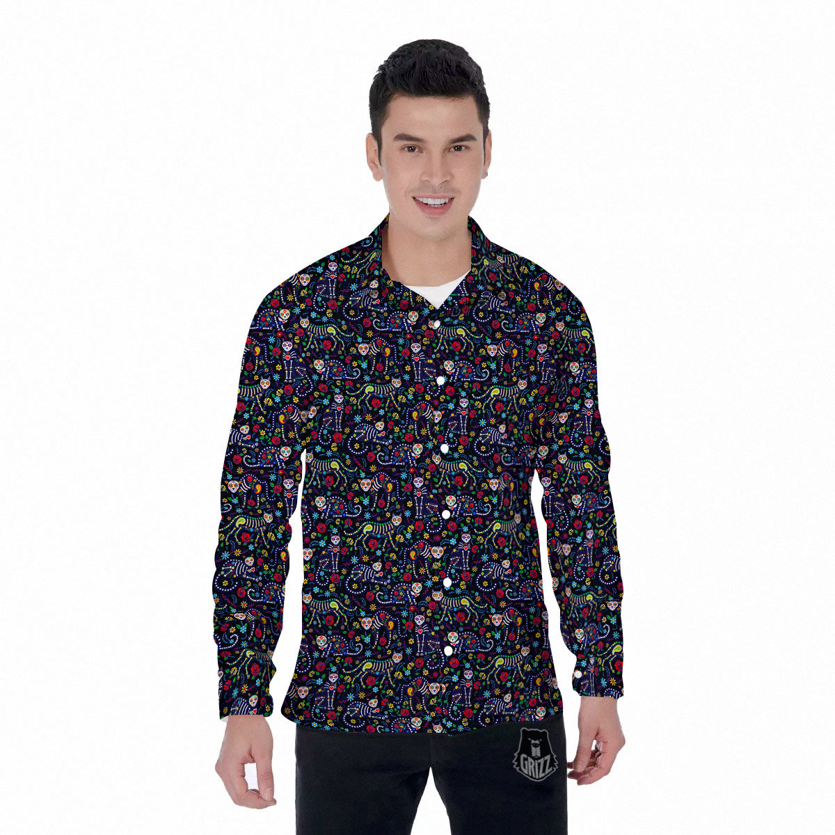 Calavera Cat Day Of The Dead Print Pattern Men's Long Sleeve Shirts-grizzshop