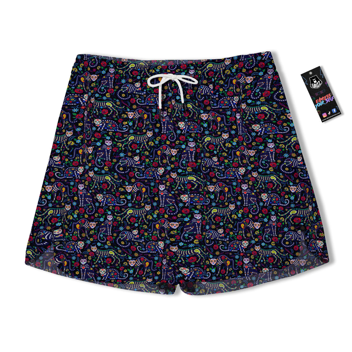 Calavera Cat Day Of The Dead Print Pattern Men's Running Shorts-grizzshop
