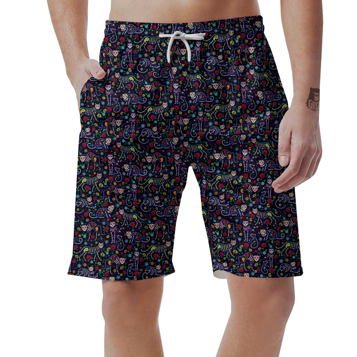 Calavera Cat Day Of The Dead Print Pattern Men's Shorts-grizzshop