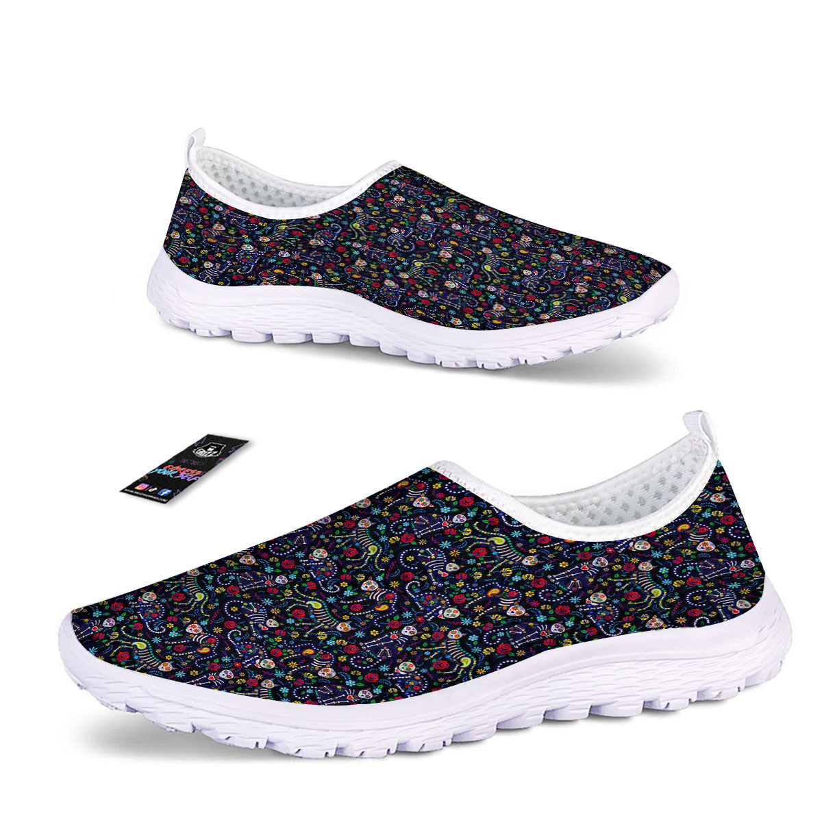 Calavera Cat Day Of The Dead Print Pattern Nurse Shoes-grizzshop