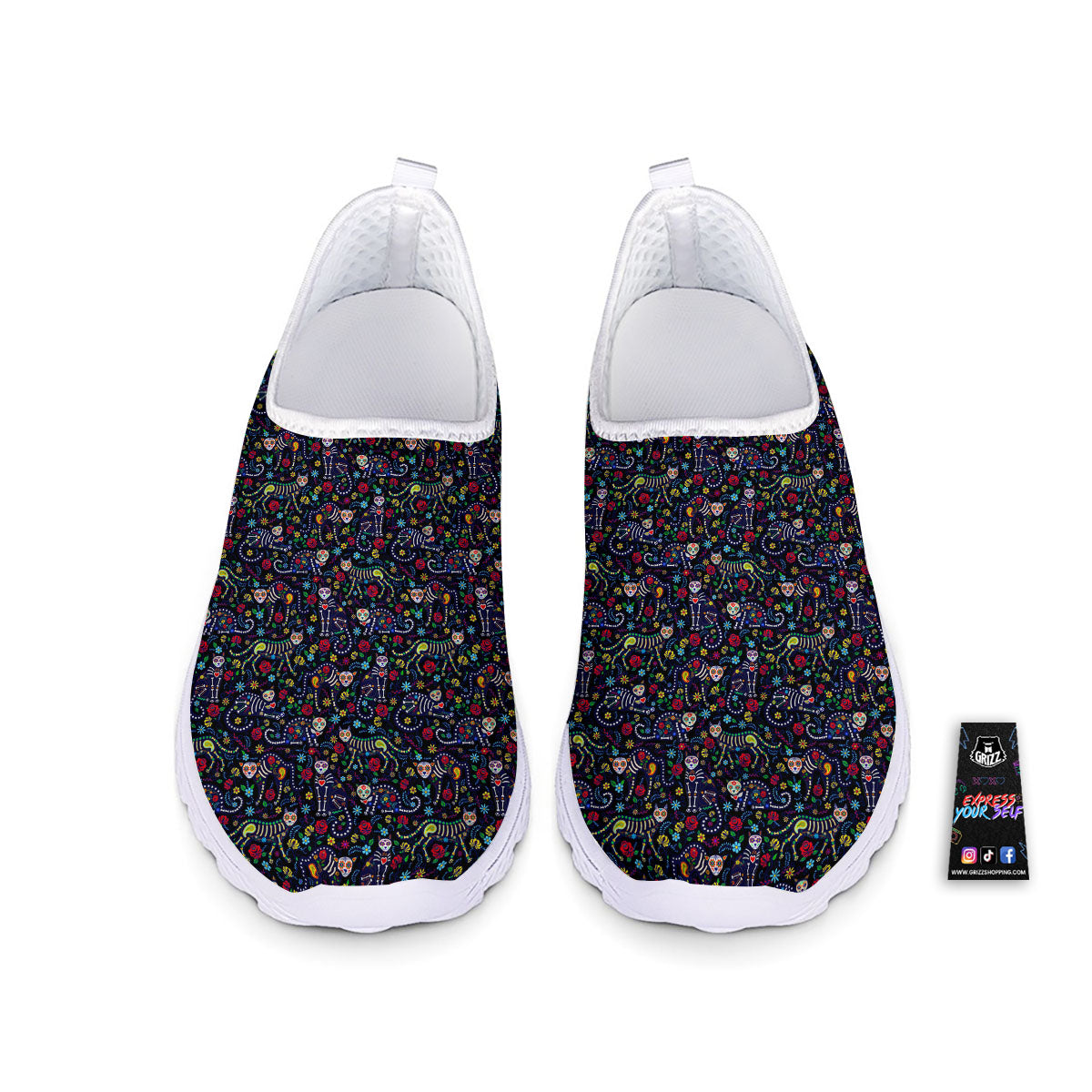 Calavera Cat Day Of The Dead Print Pattern Nurse Shoes-grizzshop
