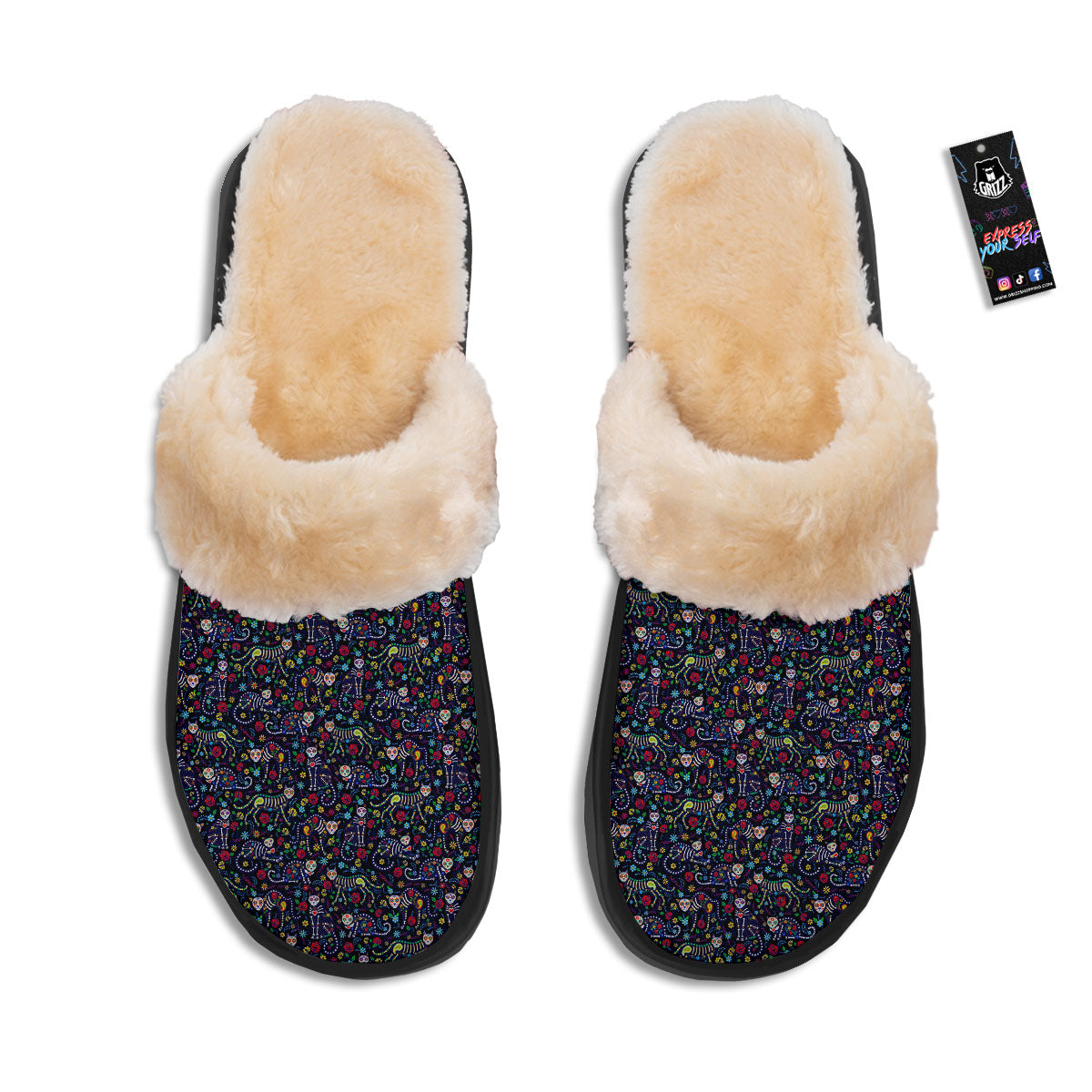 Calavera Cat Day Of The Dead Print Pattern Slippers-grizzshop