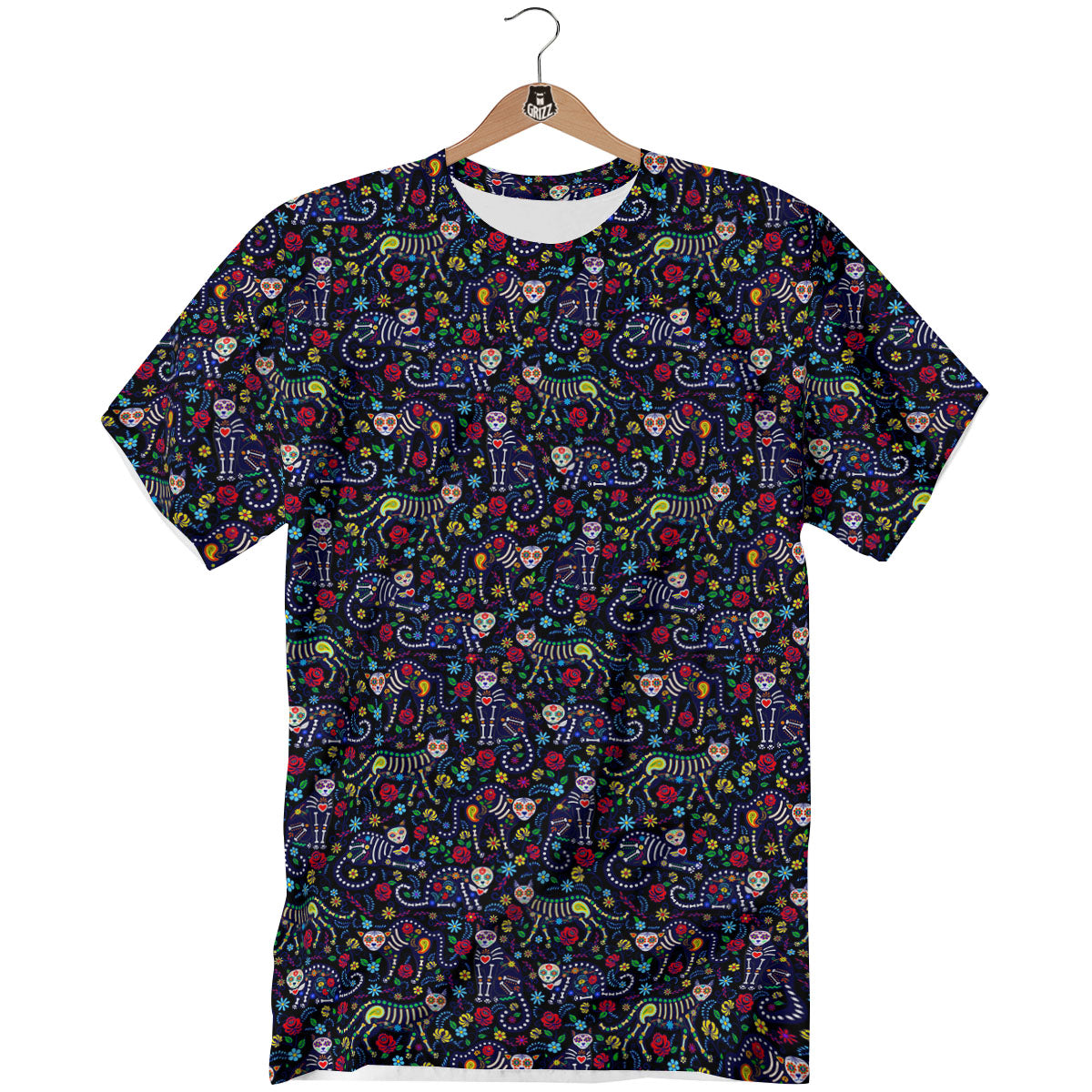 Calavera Cat Day Of The Dead Print Pattern T-Shirt-grizzshop