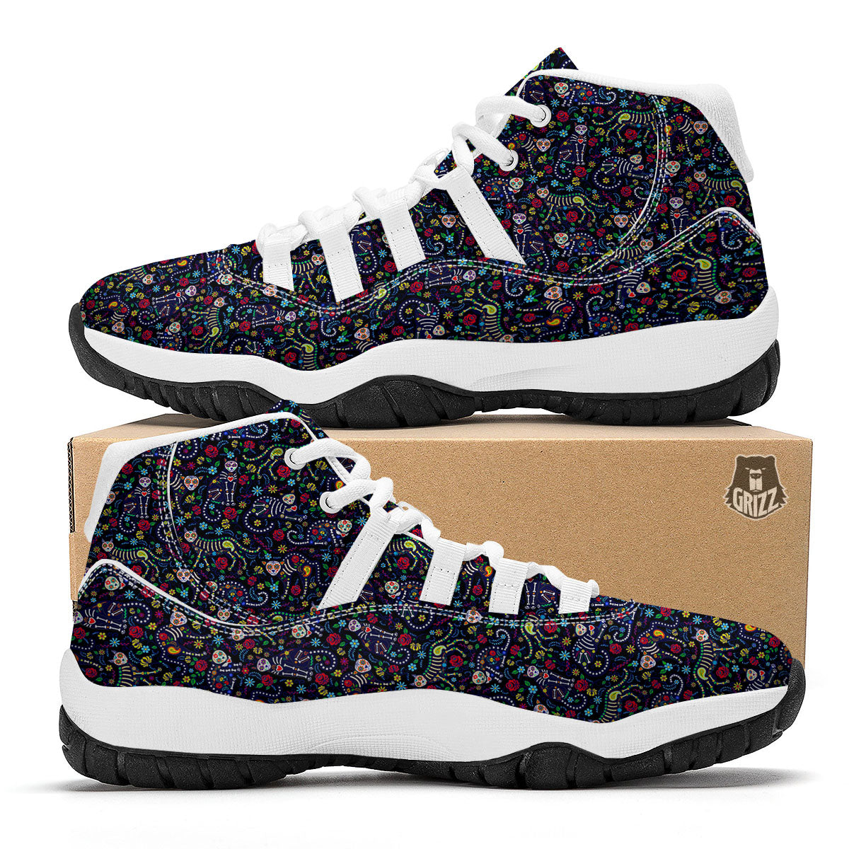 Calavera Cat Day Of The Dead Print Pattern White Bball Shoes-grizzshop
