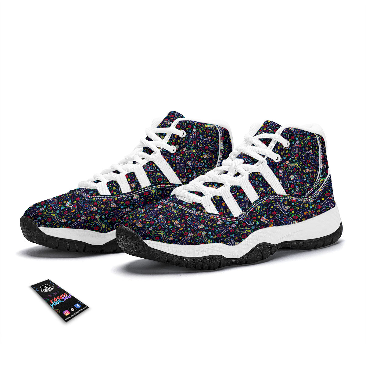 Calavera Cat Day Of The Dead Print Pattern White Bball Shoes-grizzshop
