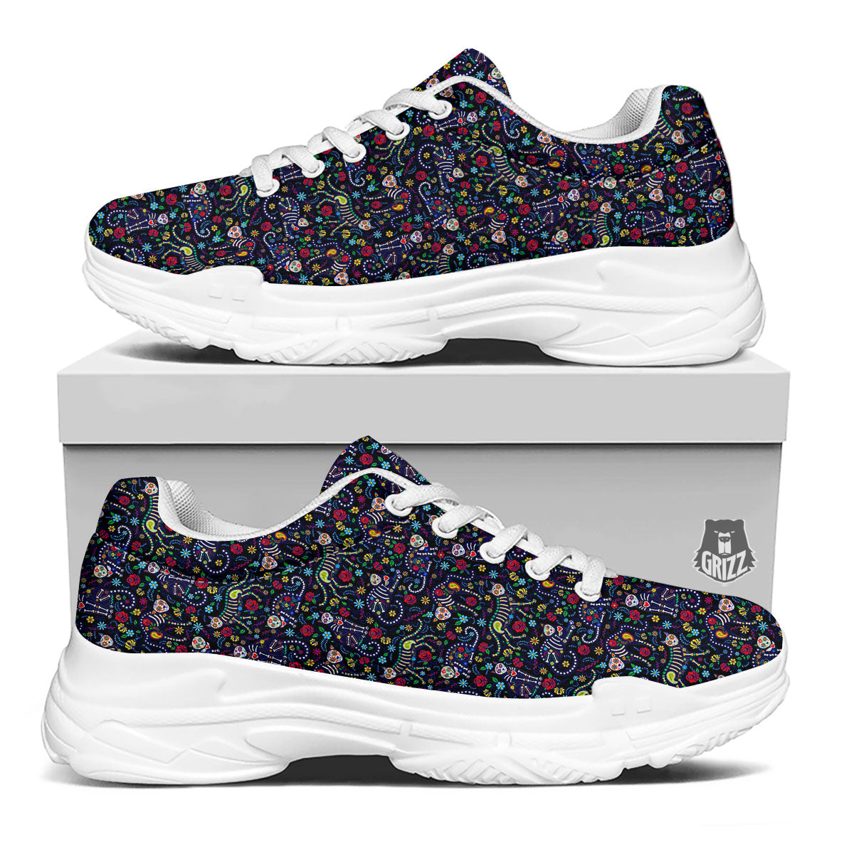 Calavera Cat Day Of The Dead Print Pattern White Chunky Shoes-grizzshop